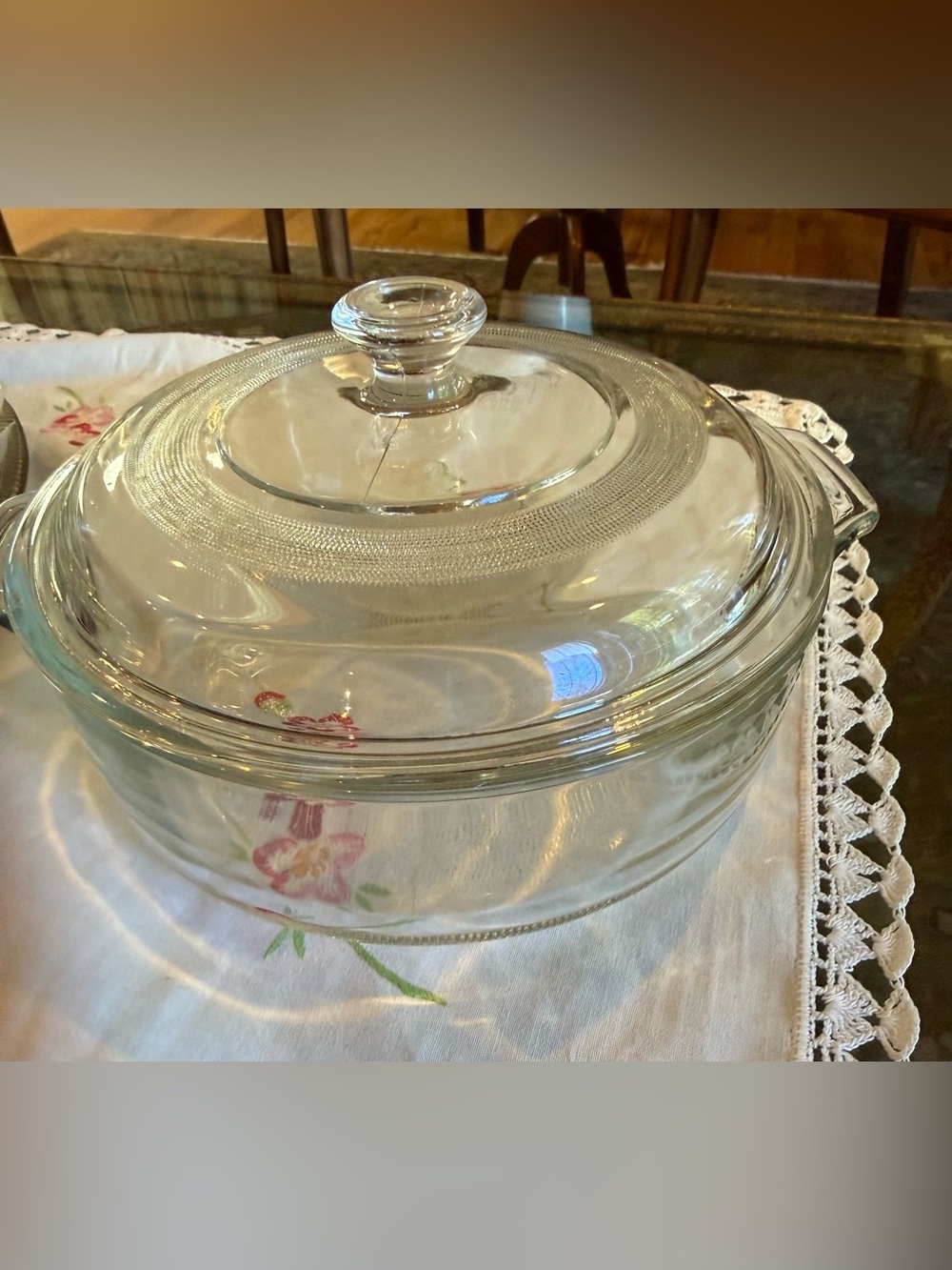 Vintage Clear Glass Round Covered Casserole Dish Made in Mexico Mid-Century